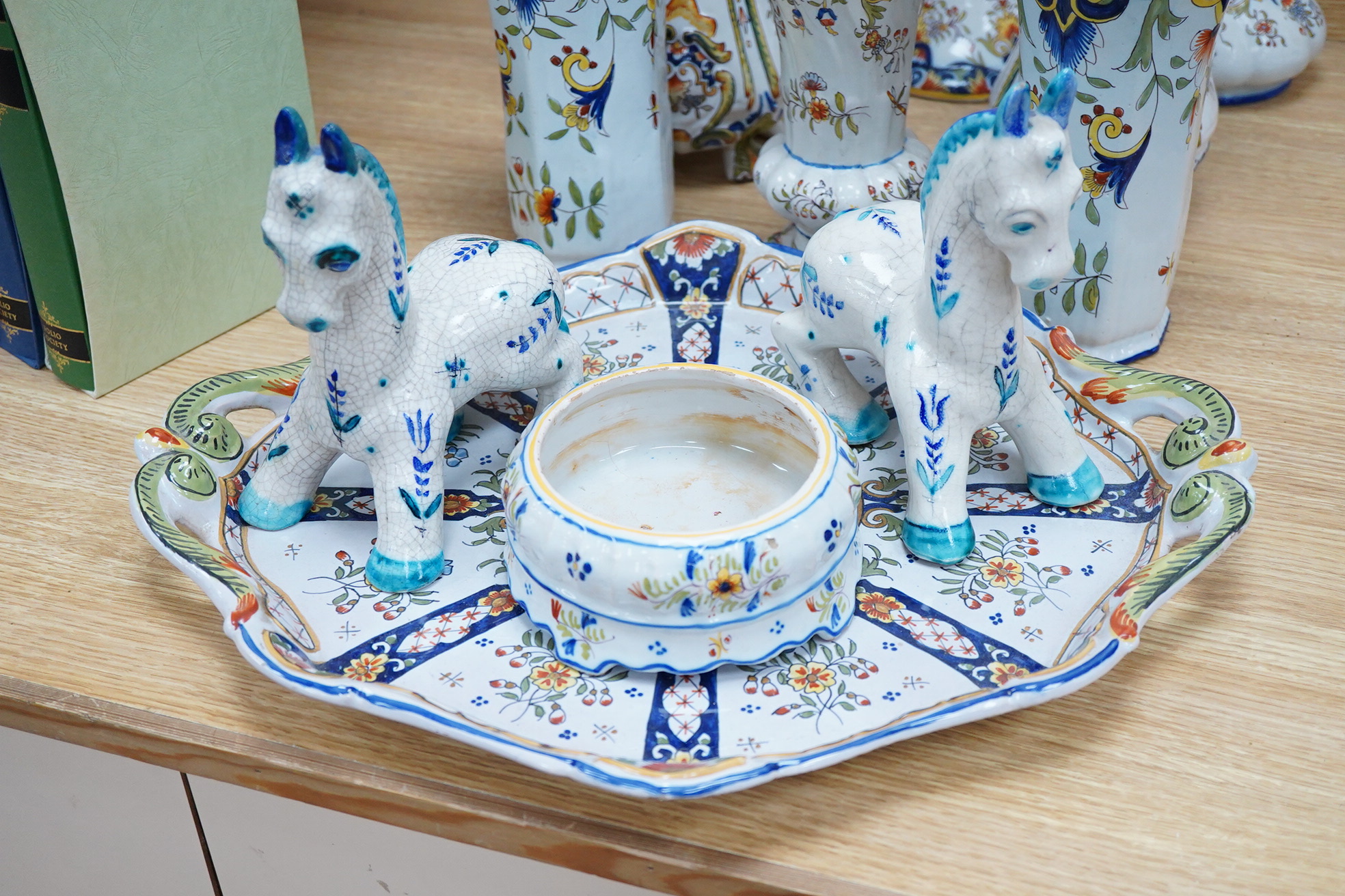 Three pairs of 19th century French faience vases, octagonal raven tray etc
